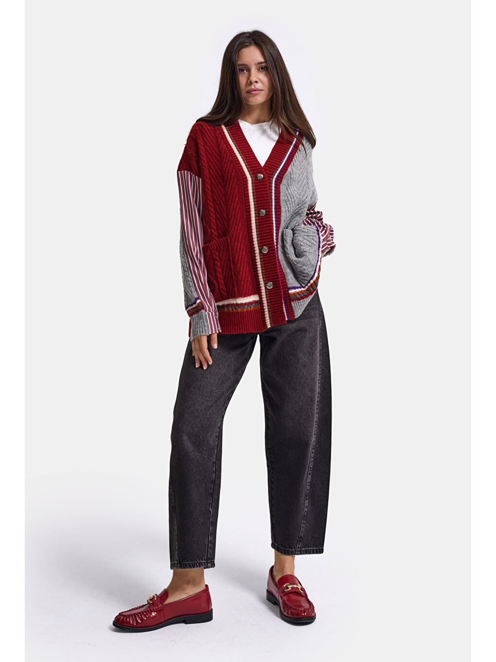 Kadın Bordo W6-35 Oversize Gömlek Kumaş Detaylı Özel Tasarım Triko Hırka-2
