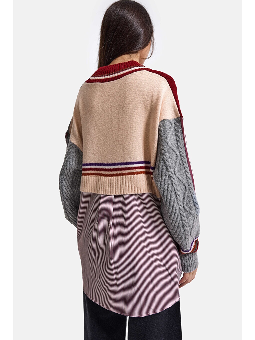 Kadın Bordo W6-35 Oversize Gömlek Kumaş Detaylı Özel Tasarım Triko Hırka-3