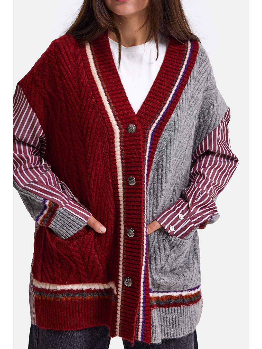 Kadın Bordo W6-35 Oversize Gömlek Kumaş Detaylı Özel Tasarım Triko Hırka-4