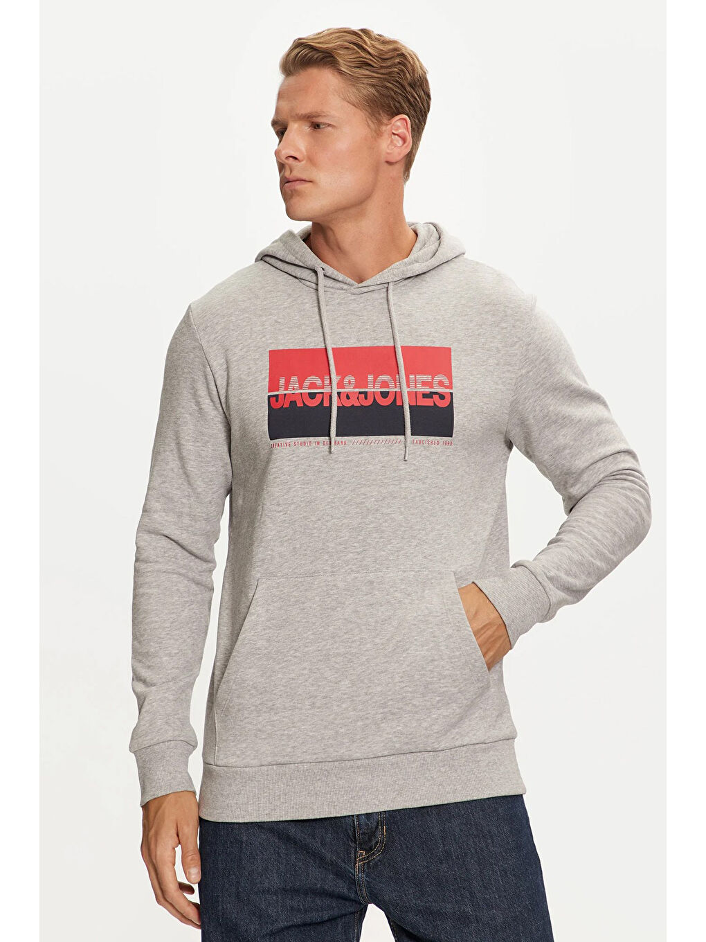 Jack & Jones Açık Gri Pamuklu Baskılı Relaxed Fit Kapüşonlu Erkek Sweat