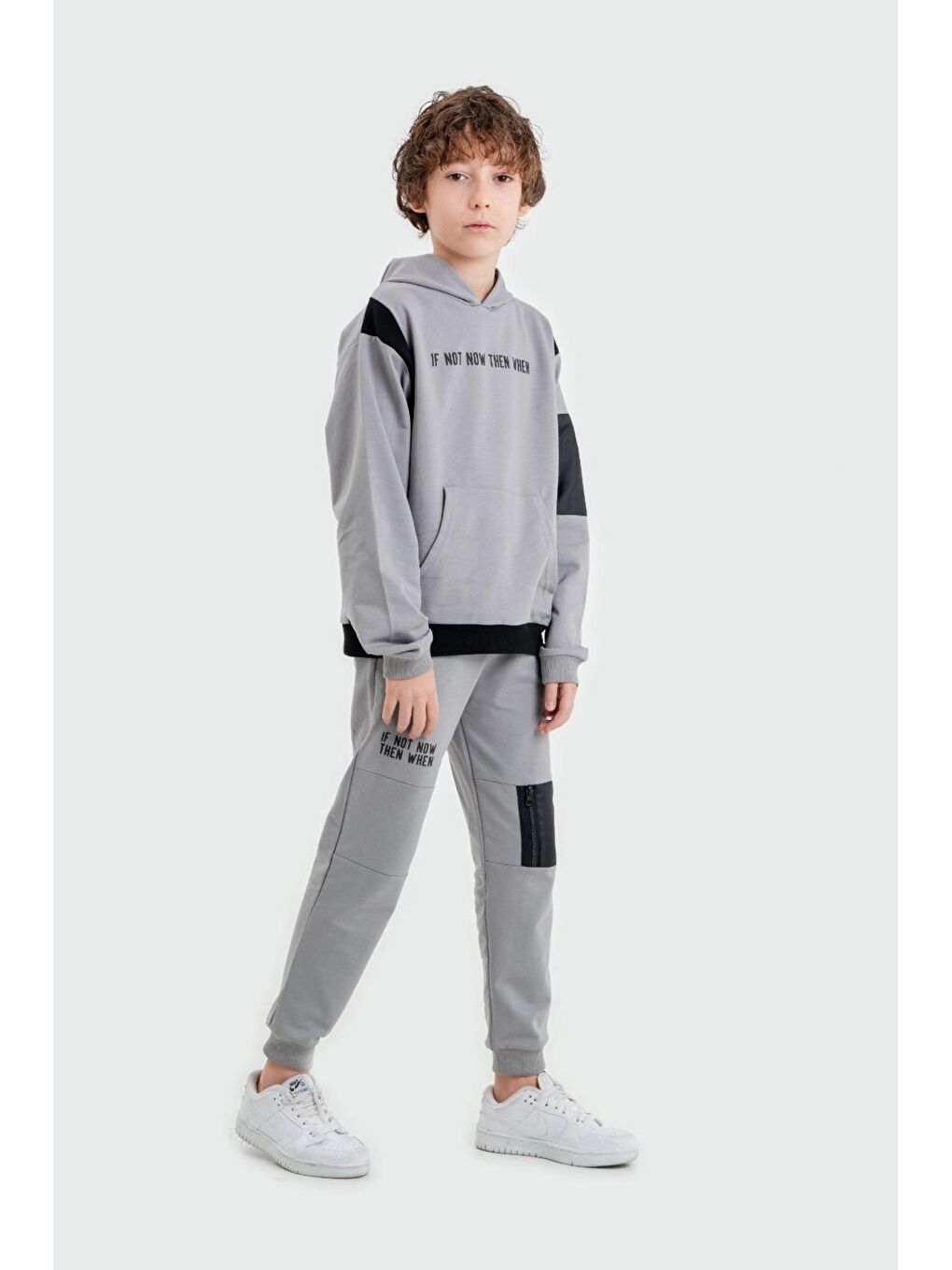 Mışıl Kids Gri If Not Now Then When Baskılı Kapüşonlu Alt Üst Erkek Çocuk Sweatshirt Eşofman Takımı - 1