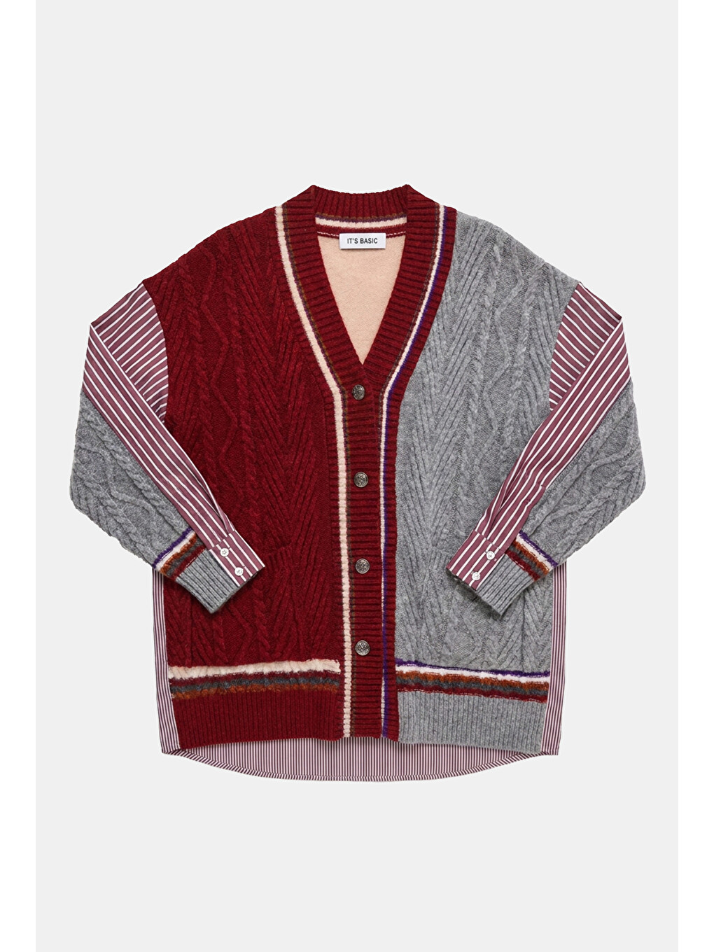 Kadın Bordo W6-35 Oversize Gömlek Kumaş Detaylı Özel Tasarım Triko Hırka-5