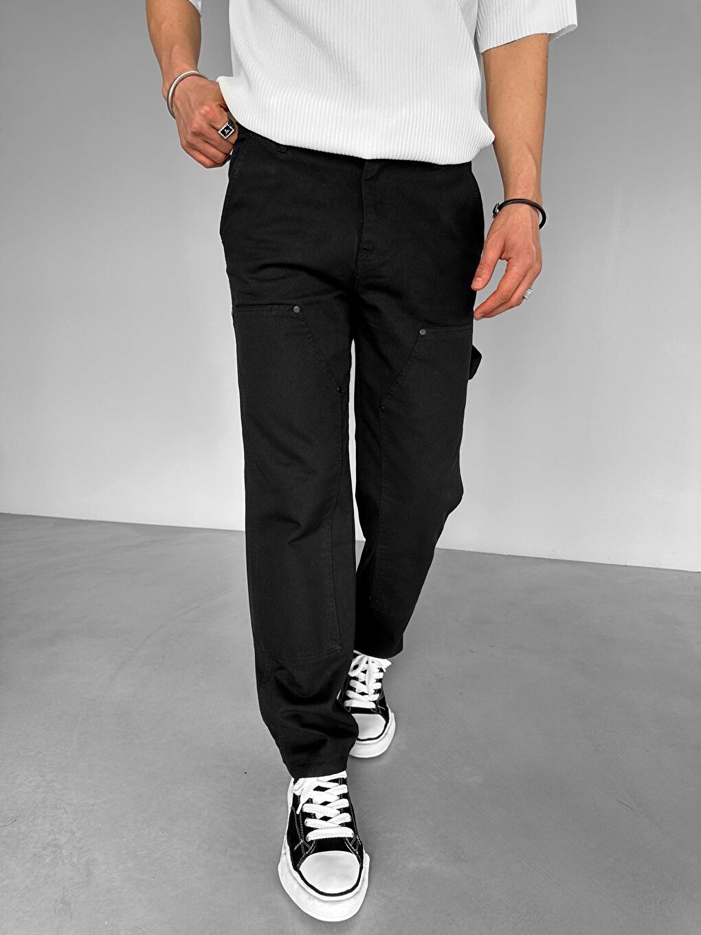 Blok Yama Detaylı Slim Fit Erkek Pantolon Siyah-2