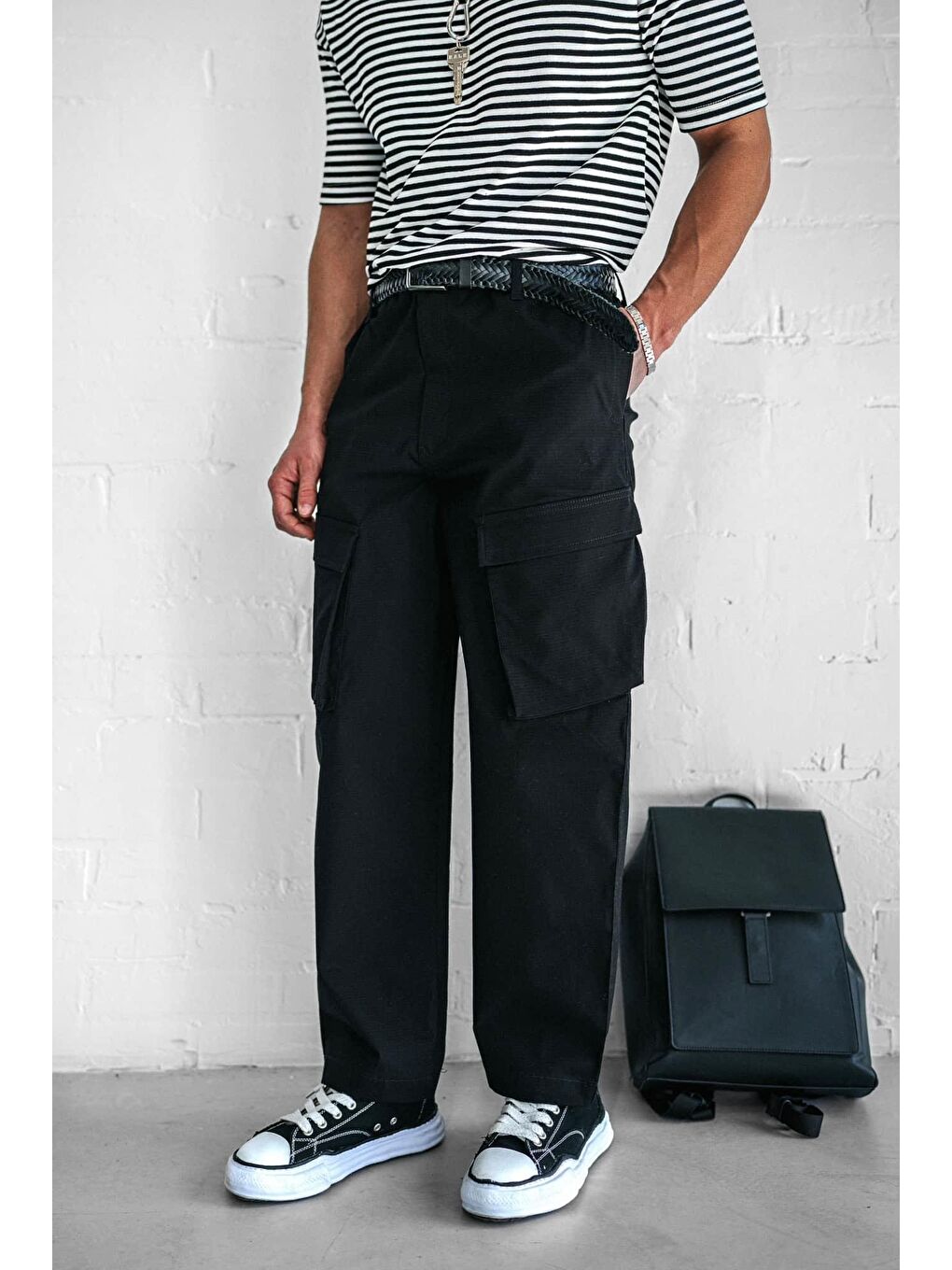 Kargo Cepli Esnek Baggy Erkek Pantolon Siyah-1