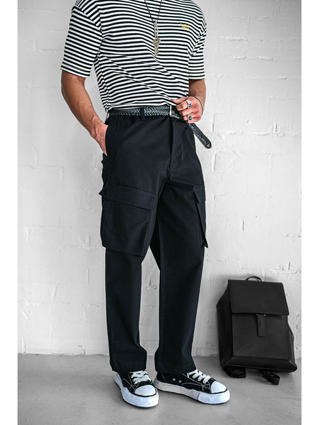 Kargo Cepli Esnek Baggy Erkek Pantolon Siyah-2