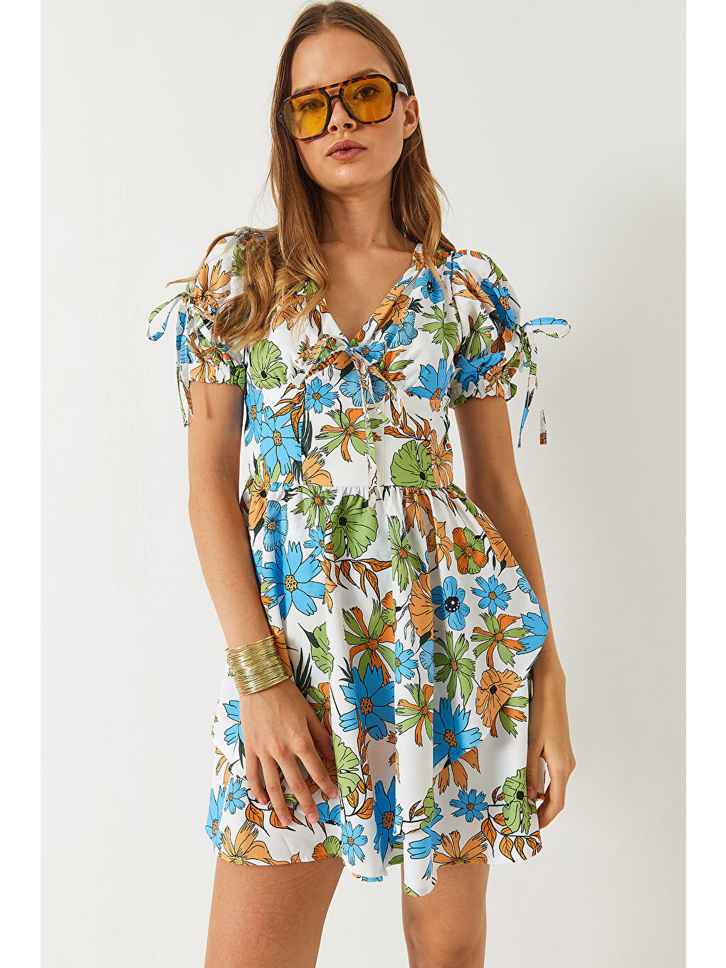 Mavi Kadın Emprime Vatkalı Çiçek Desenli Fiyonk Detaylı Mini Elbise-5