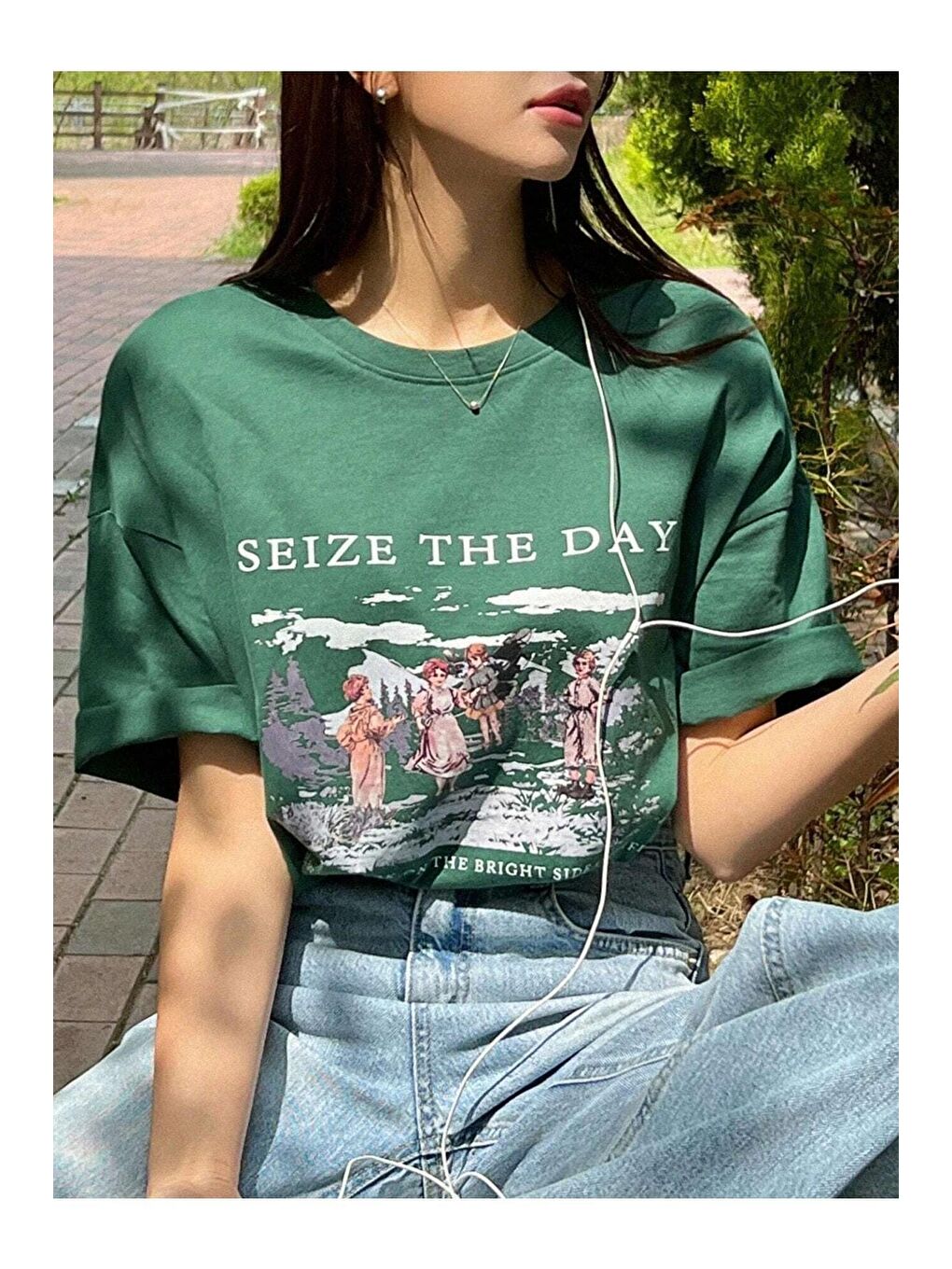 Trendseninle Yeşil Kadın Nefti Yeşili Seize The Day Baskılı Oversize Tişört - 5