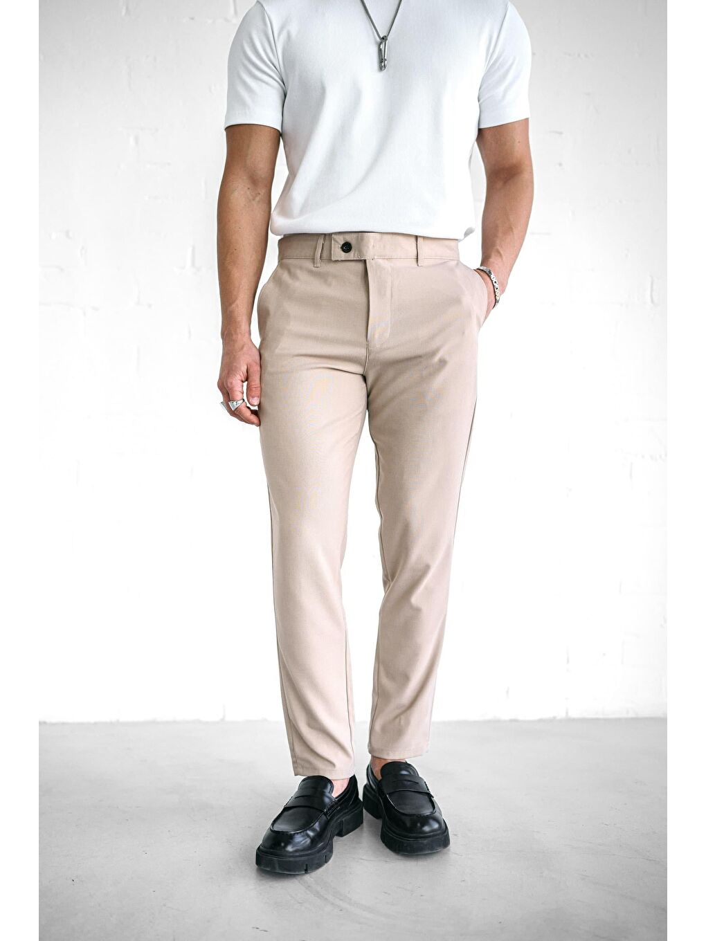 Ekru Kaliteli Esnek Elastanlı Bilek Boy Kumaş Erkek Pantolon Krem