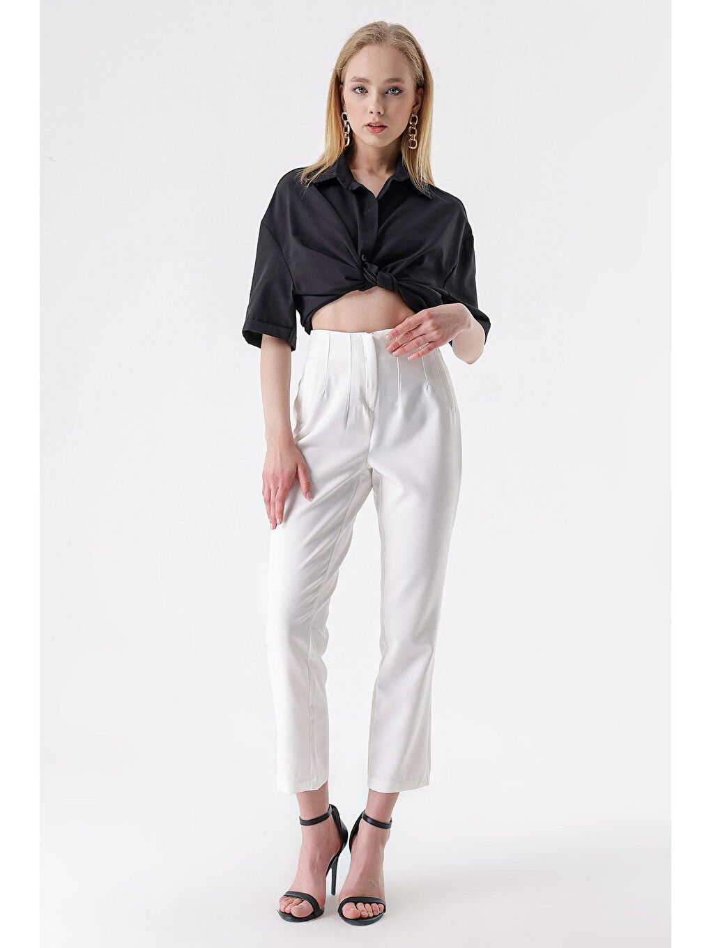 Beyaz Yüksek Bel Çift Pens Pantolon