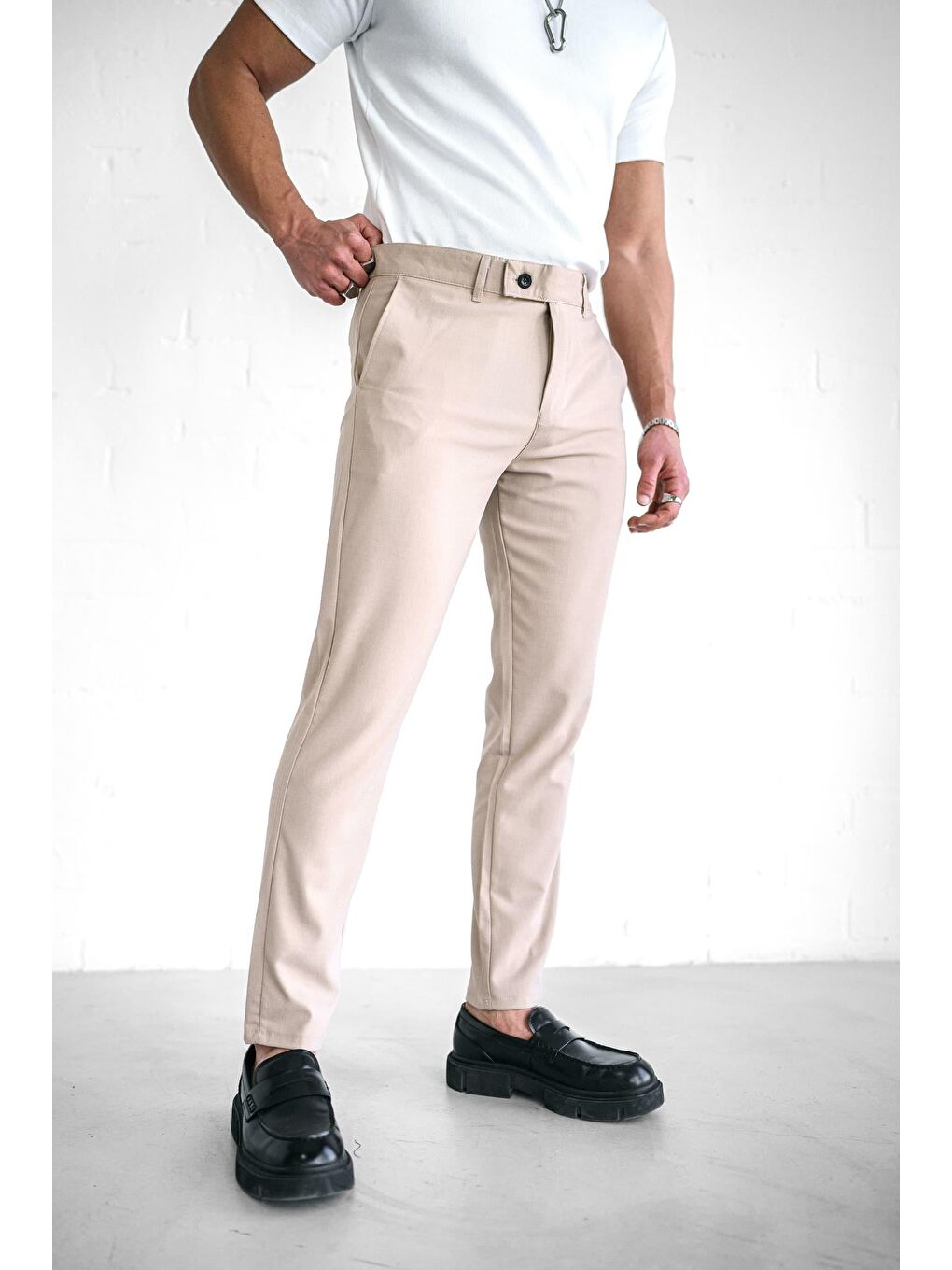 Ekru Kaliteli Esnek Elastanlı Bilek Boy Kumaş Erkek Pantolon Krem-1