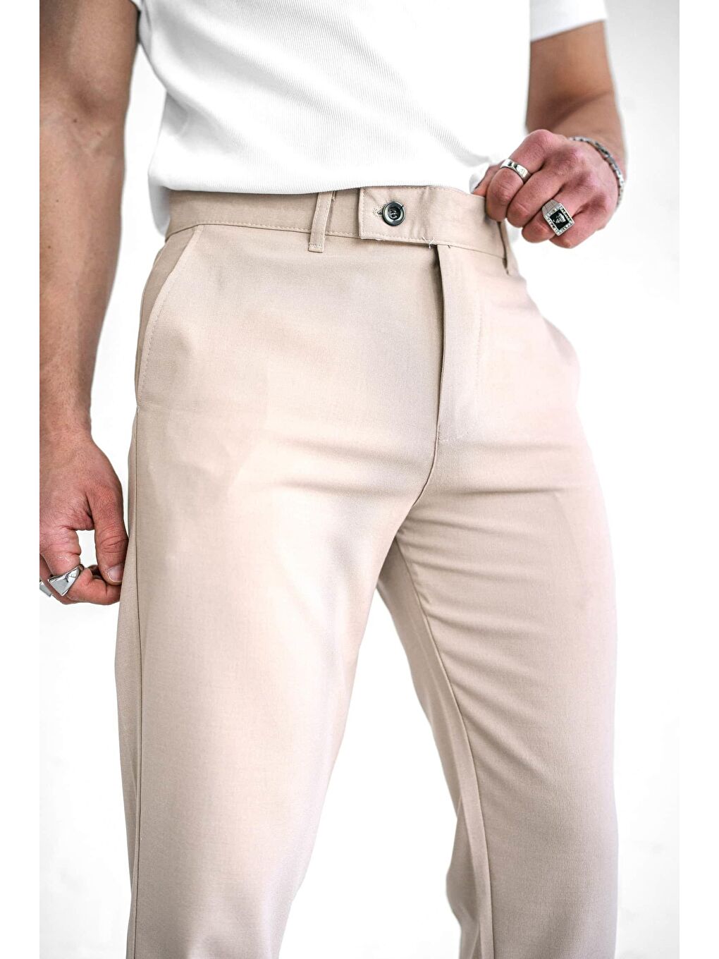 Ekru Kaliteli Esnek Elastanlı Bilek Boy Kumaş Erkek Pantolon Krem-3