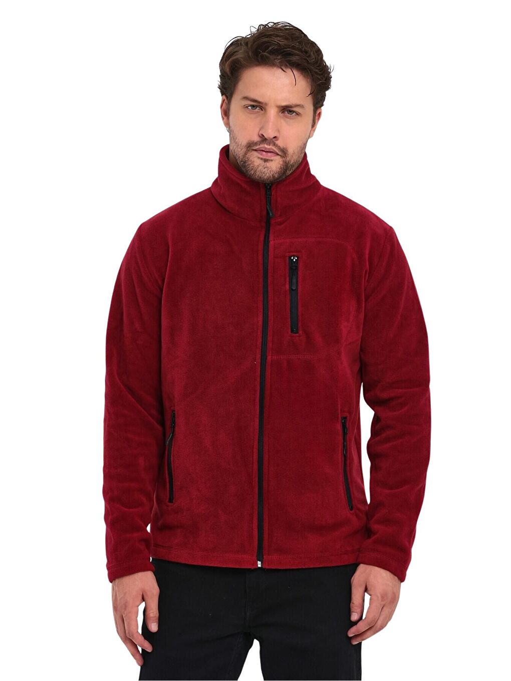 GENIUS STORE Bordo Erkek Polar Tam Fermuarlı 3 Cepli Outdoor Polar Ceket