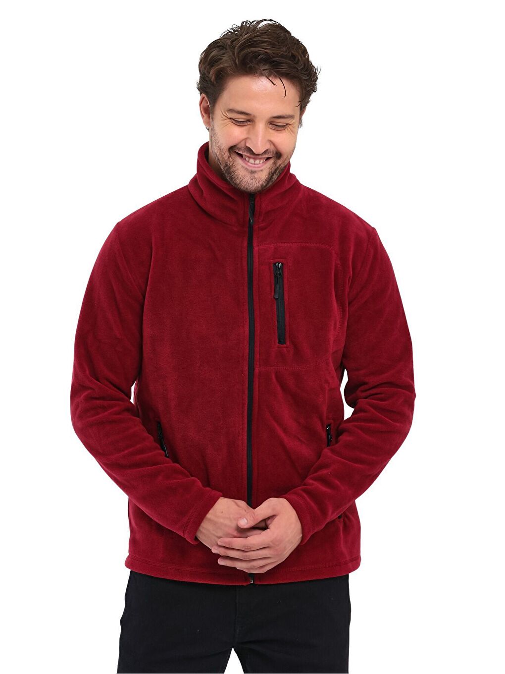 GENIUS STORE Bordo Erkek Polar Tam Fermuarlı 3 Cepli Outdoor Polar Ceket - 2