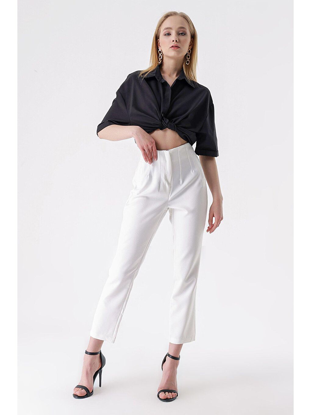 Beyaz Yüksek Bel Çift Pens Pantolon-1