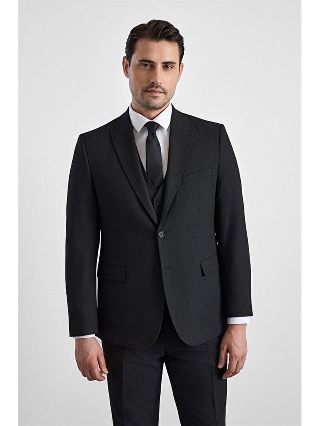 Siyah Regular Sivri Yaka 4 Drop Yelekli Takım Elbise-2