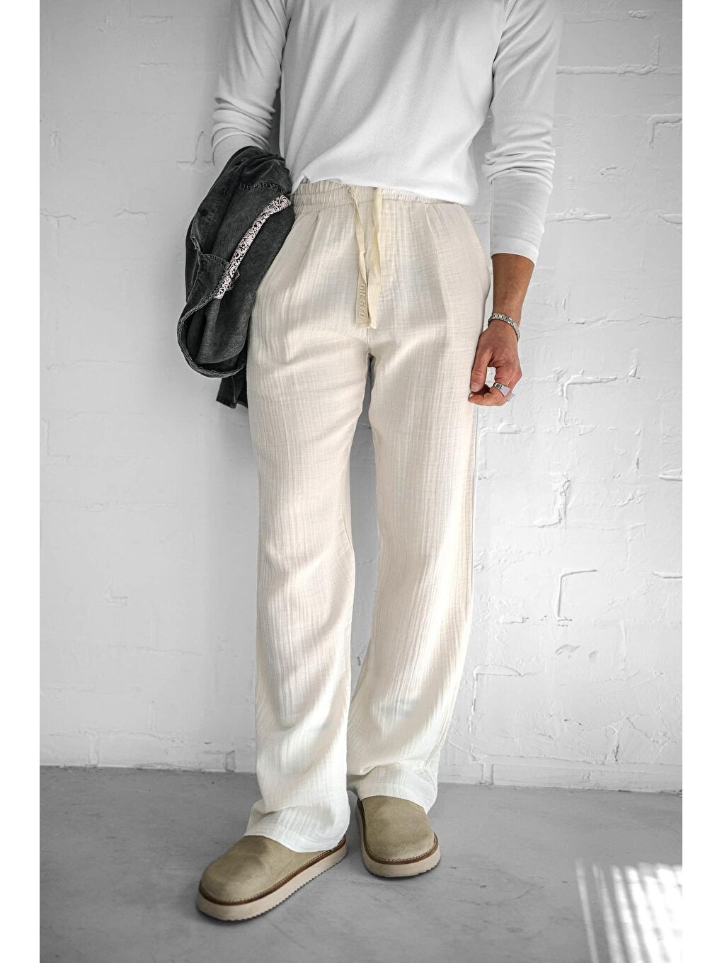 Rahat Kesim Baggy Fit Erkek %100 Pamuk Pantolon Ekru-1