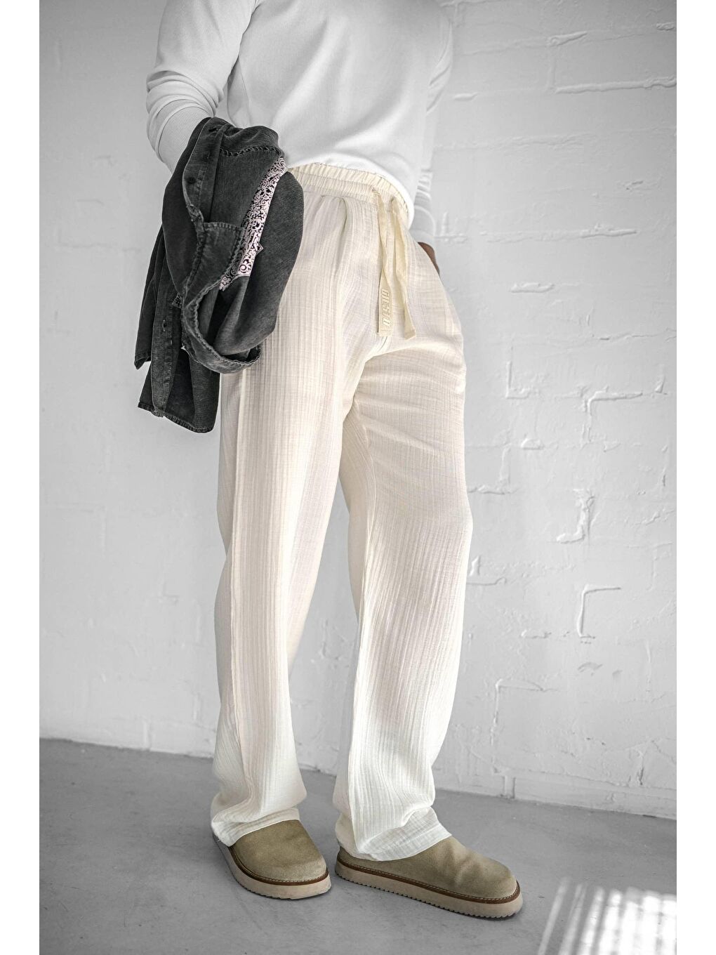 Rahat Kesim Baggy Fit Erkek %100 Pamuk Pantolon Ekru-2
