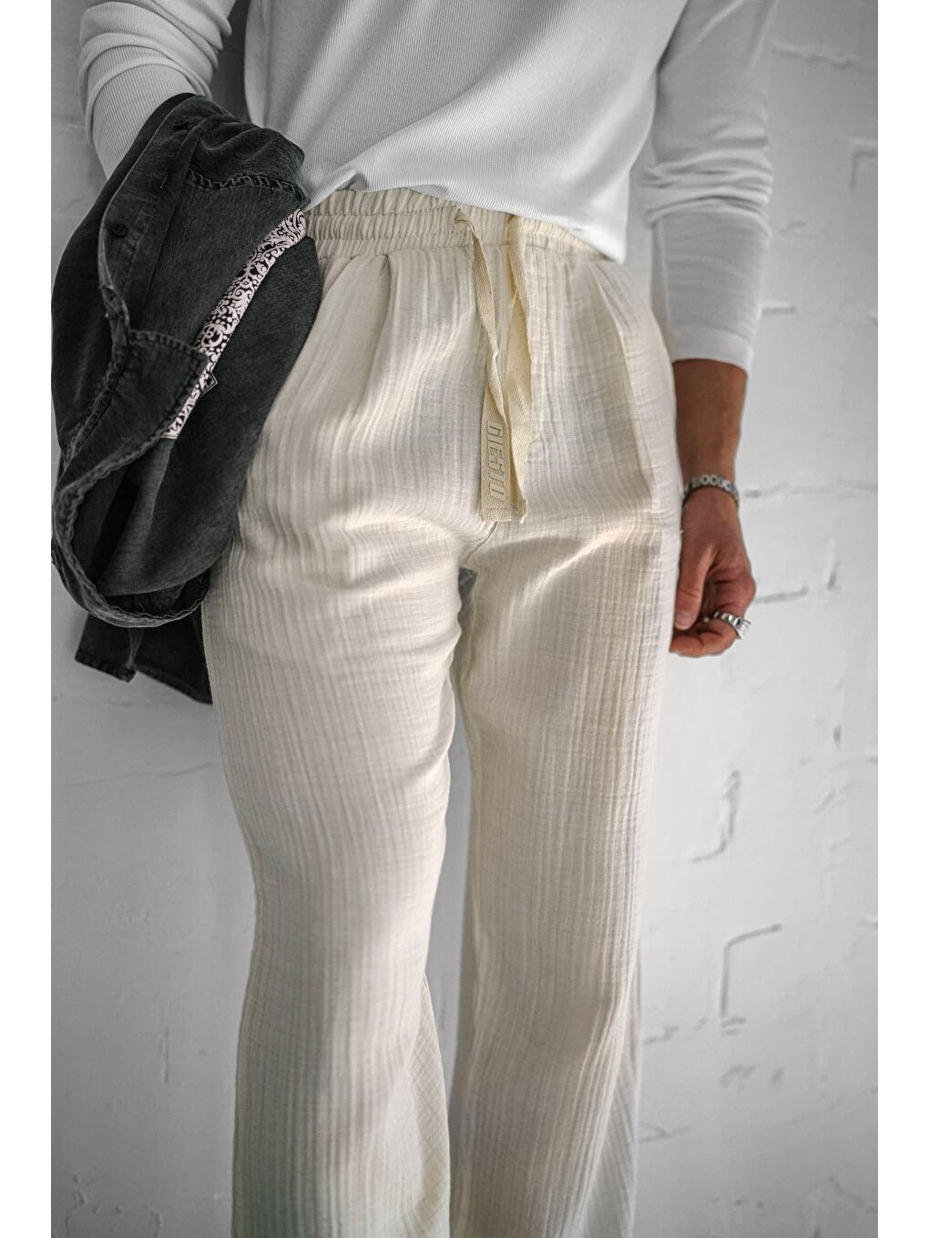 Rahat Kesim Baggy Fit Erkek %100 Pamuk Pantolon Ekru-3