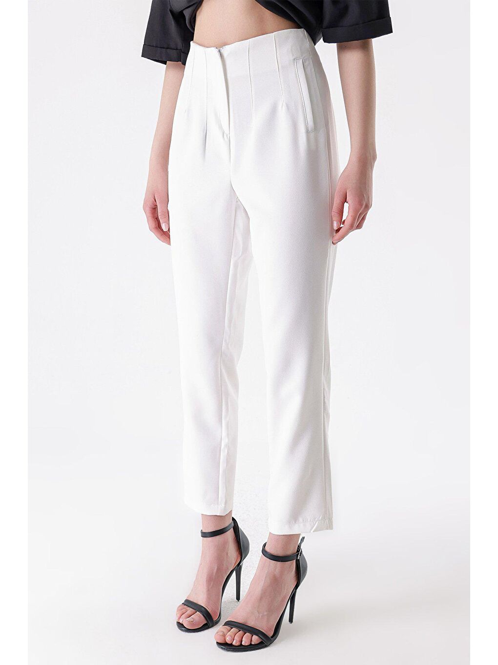 Beyaz Yüksek Bel Çift Pens Pantolon-3