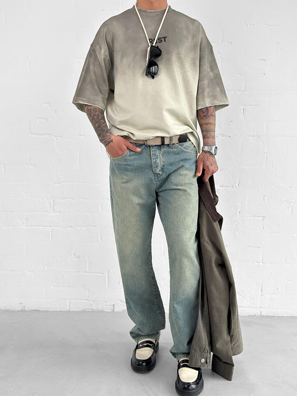 Erkek Rest Baskılı Oversize Yıkamalı Tişört Gri-2