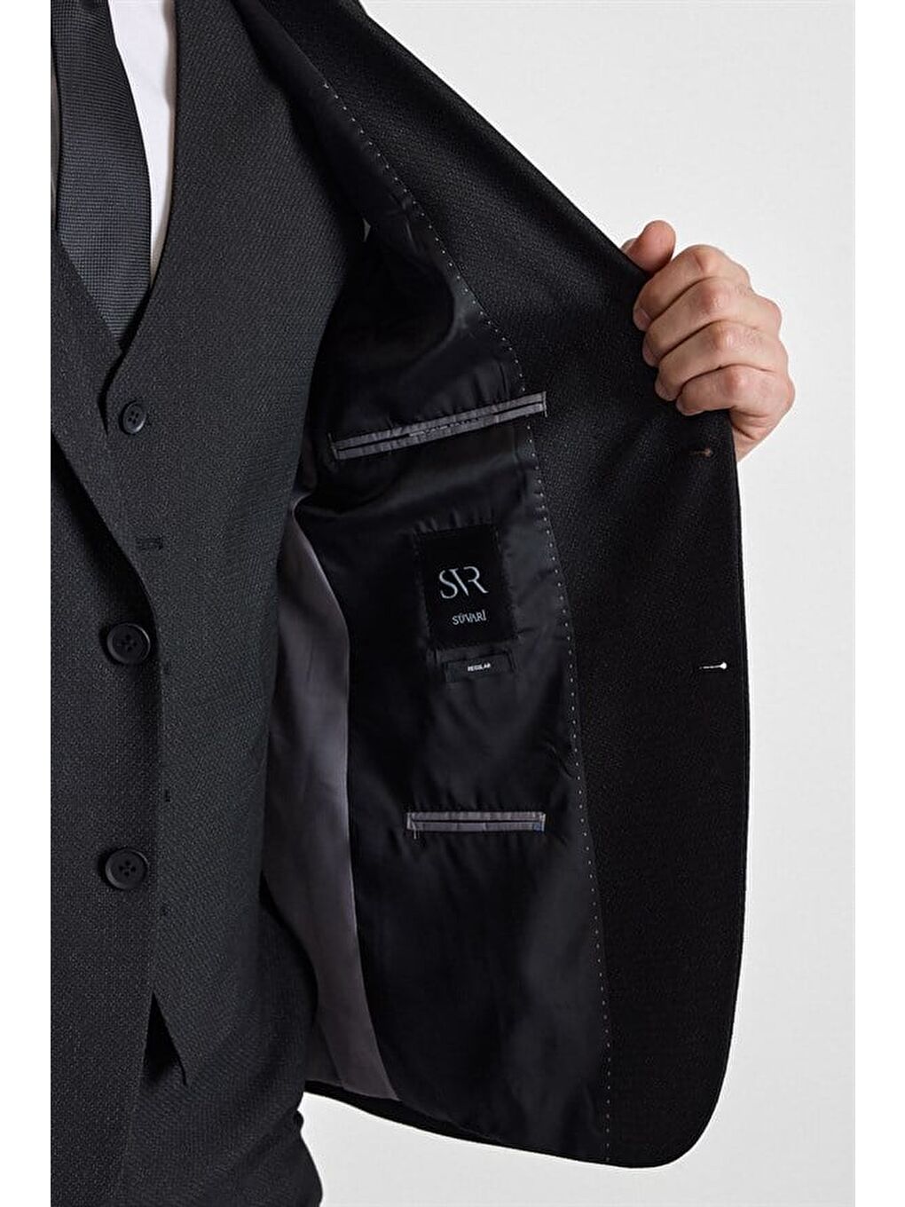 Siyah Regular Sivri Yaka 4 Drop Yelekli Takım Elbise-4