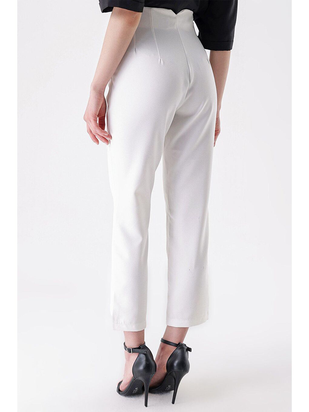 Beyaz Yüksek Bel Çift Pens Pantolon-4
