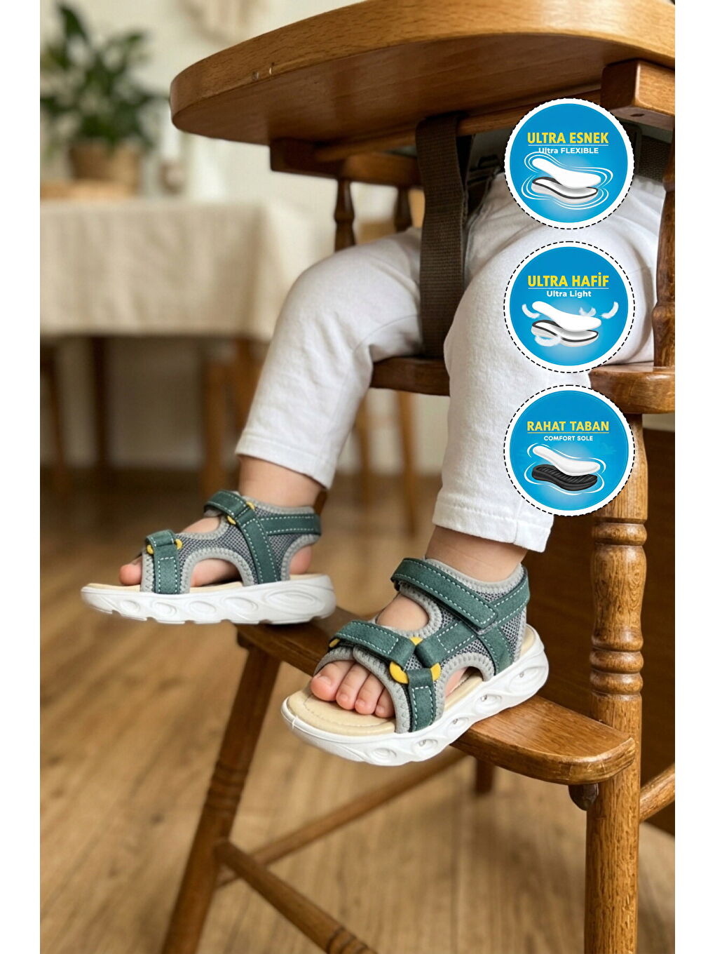 Petrol Yeşili Cırtlı Işıklı Hafif Bebek Sandalet Sage B-2