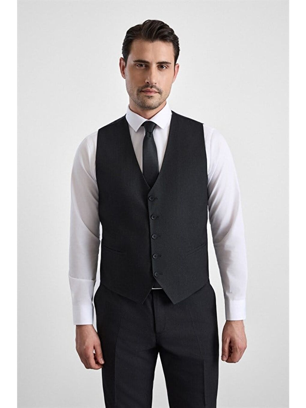 Siyah Regular Sivri Yaka 4 Drop Yelekli Takım Elbise-6