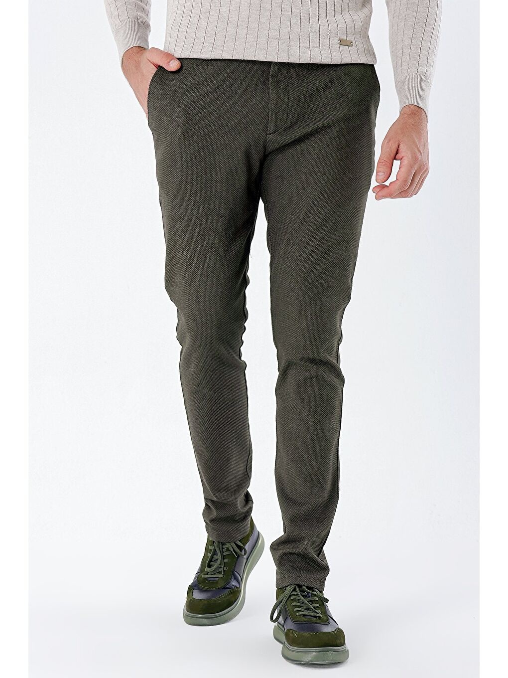 Koyu Haki Pamuklu Yandan Cepli Casual Slim Fit Chino Pantolon 1003235119