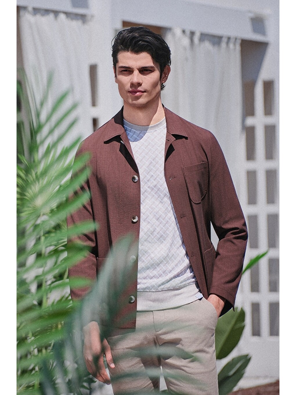 Kahverengi Berberi Yaka Slim Fit Esnek Ceket 1007260154