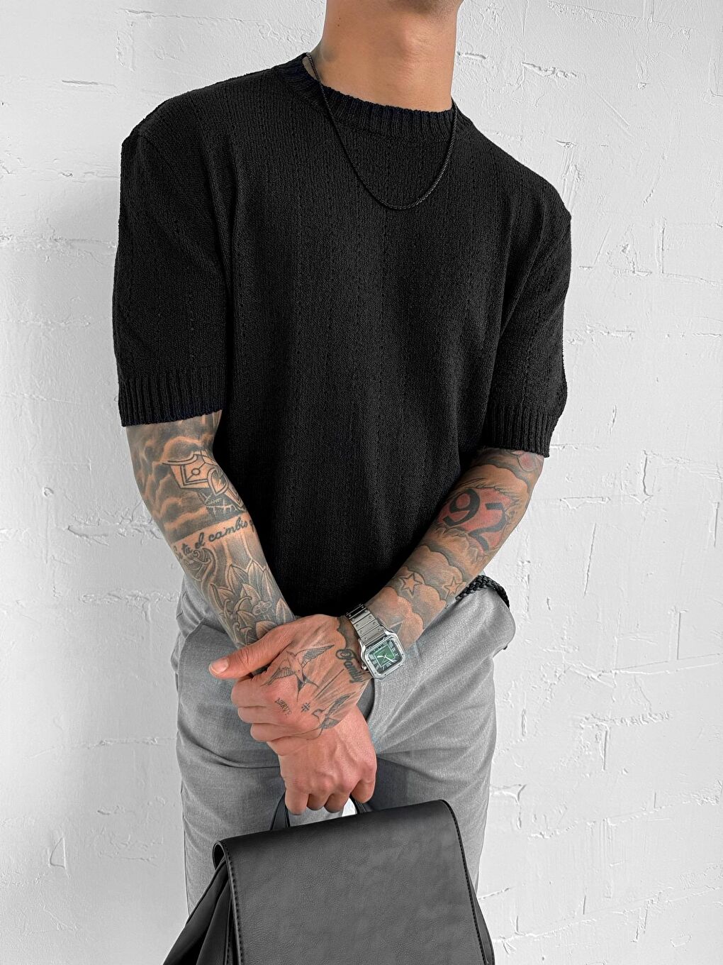 Erkek Regular Fit Örme Desenli Tişört Siyah