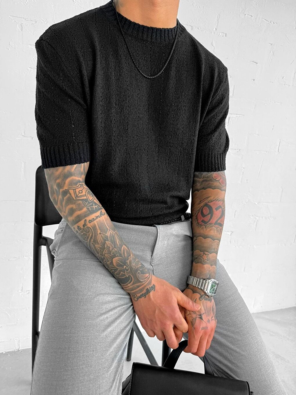 Erkek Regular Fit Örme Desenli Tişört Siyah-1