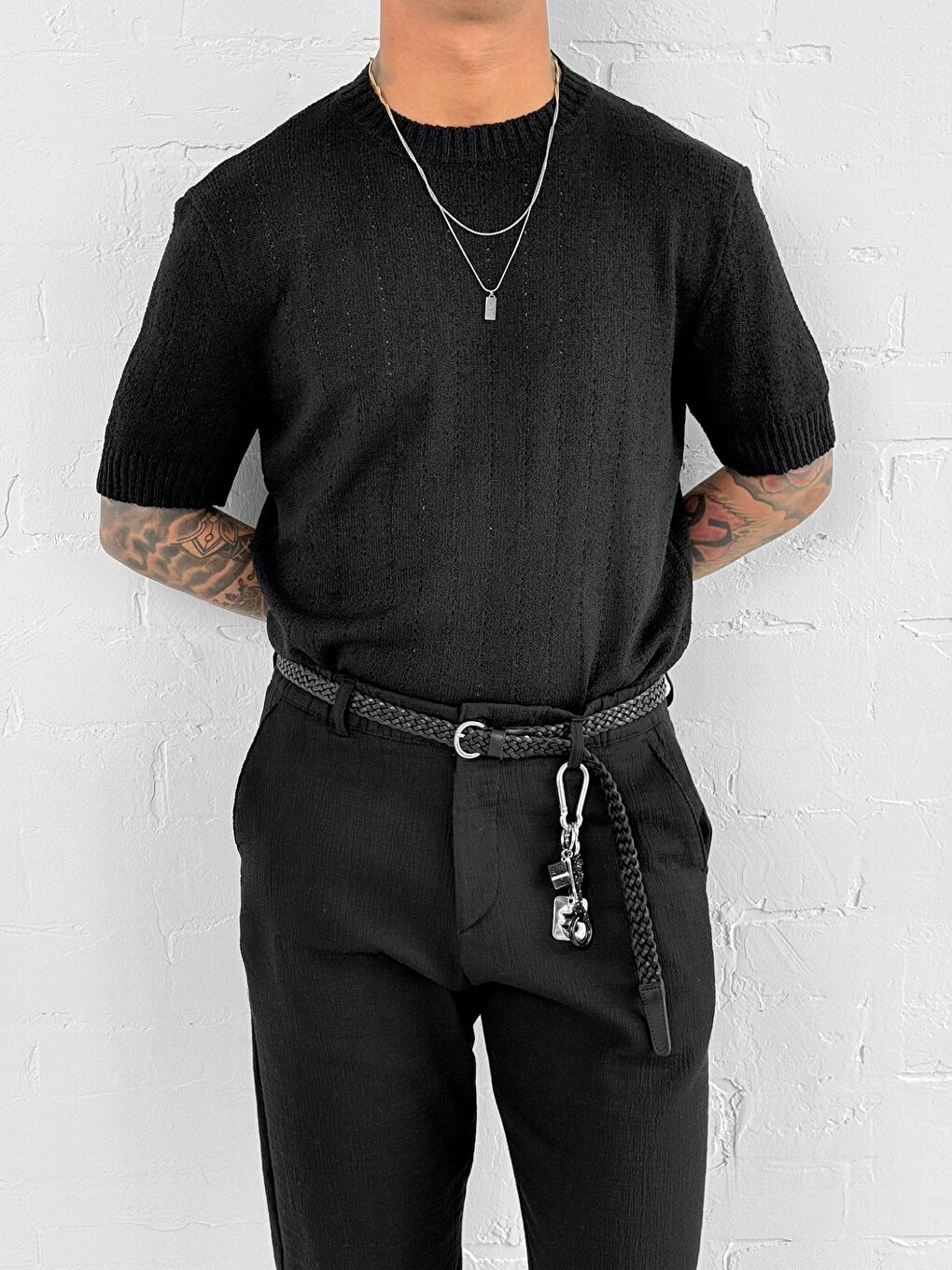 Erkek Regular Fit Örme Desenli Tişört Siyah-2