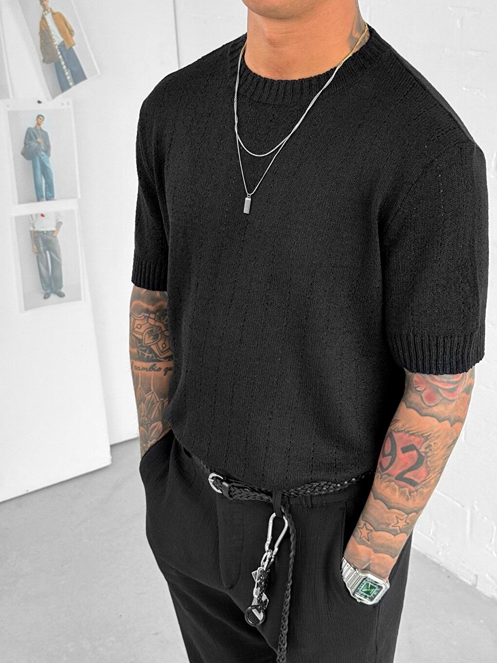 Erkek Regular Fit Örme Desenli Tişört Siyah-3