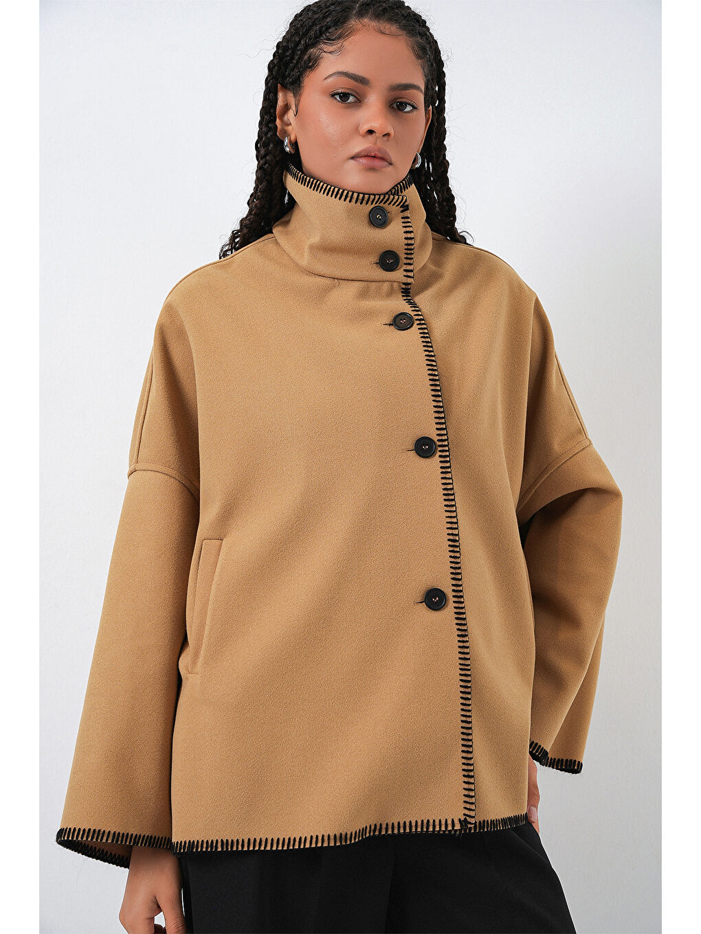 Sarı Kadın Nakışlı Kaşe Ceket 9167 - Hardal