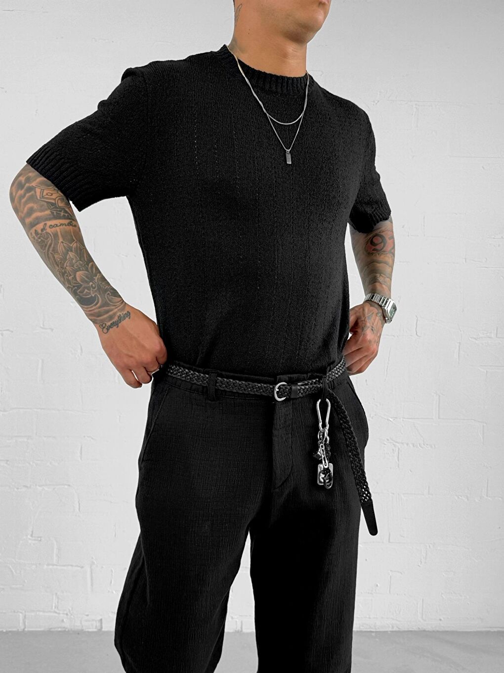 Erkek Regular Fit Örme Desenli Tişört Siyah-4