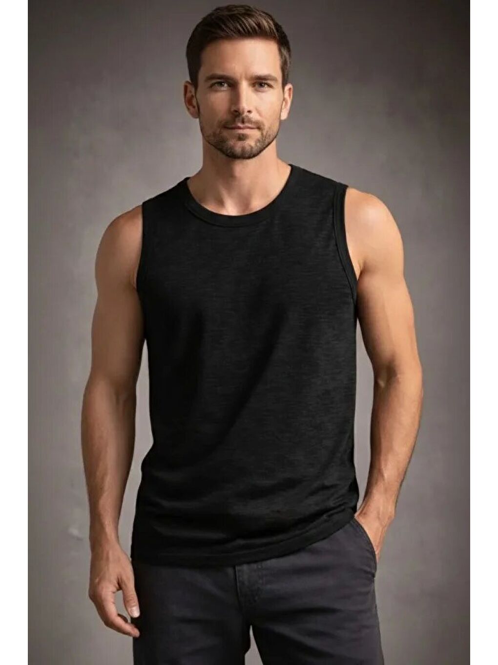 Siyah Erkek Flamlı Kumaş Sıfır Kolsuz Atlet-2