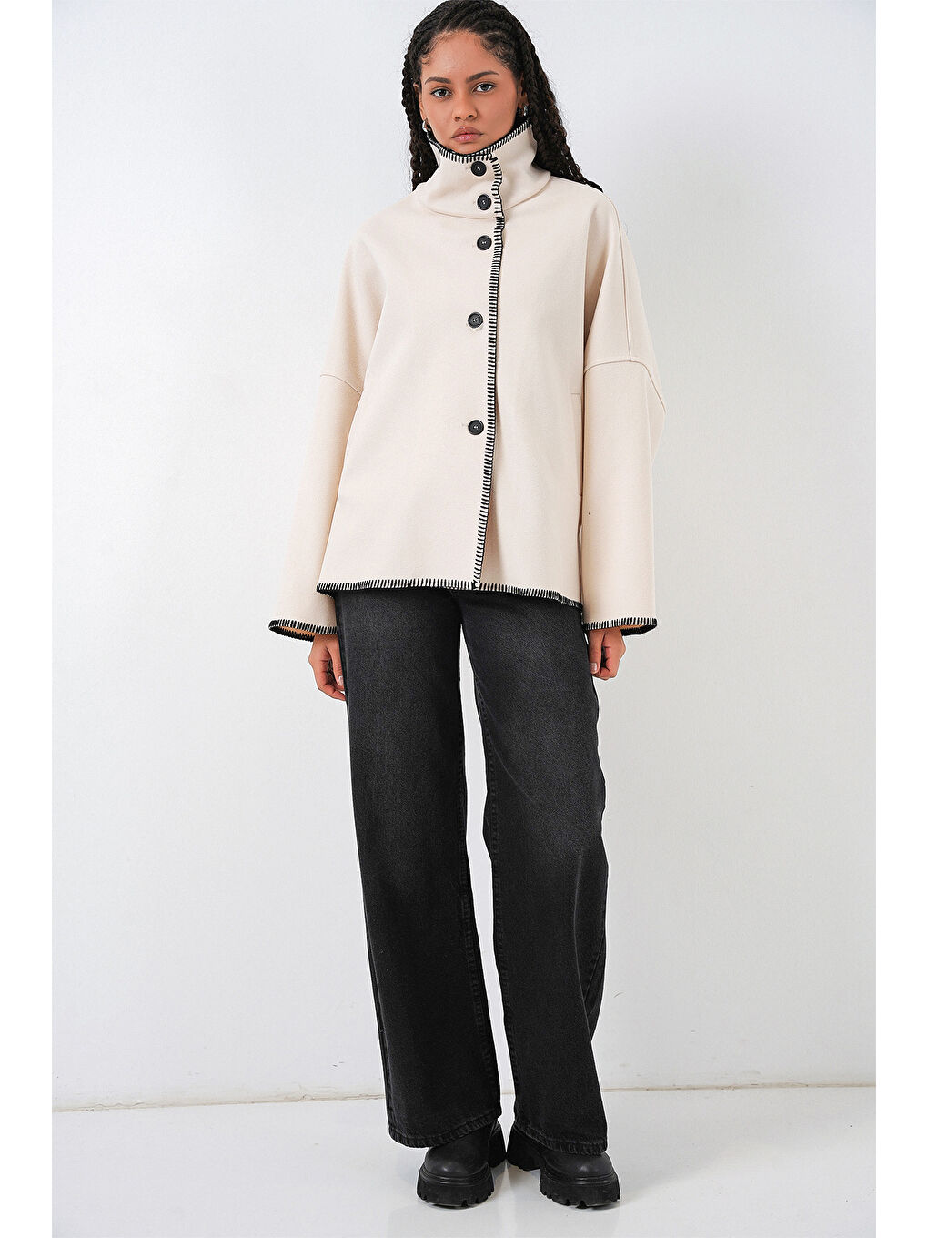 Kadın Nakışlı Kaşe Ceket 9167 - Ekru-1