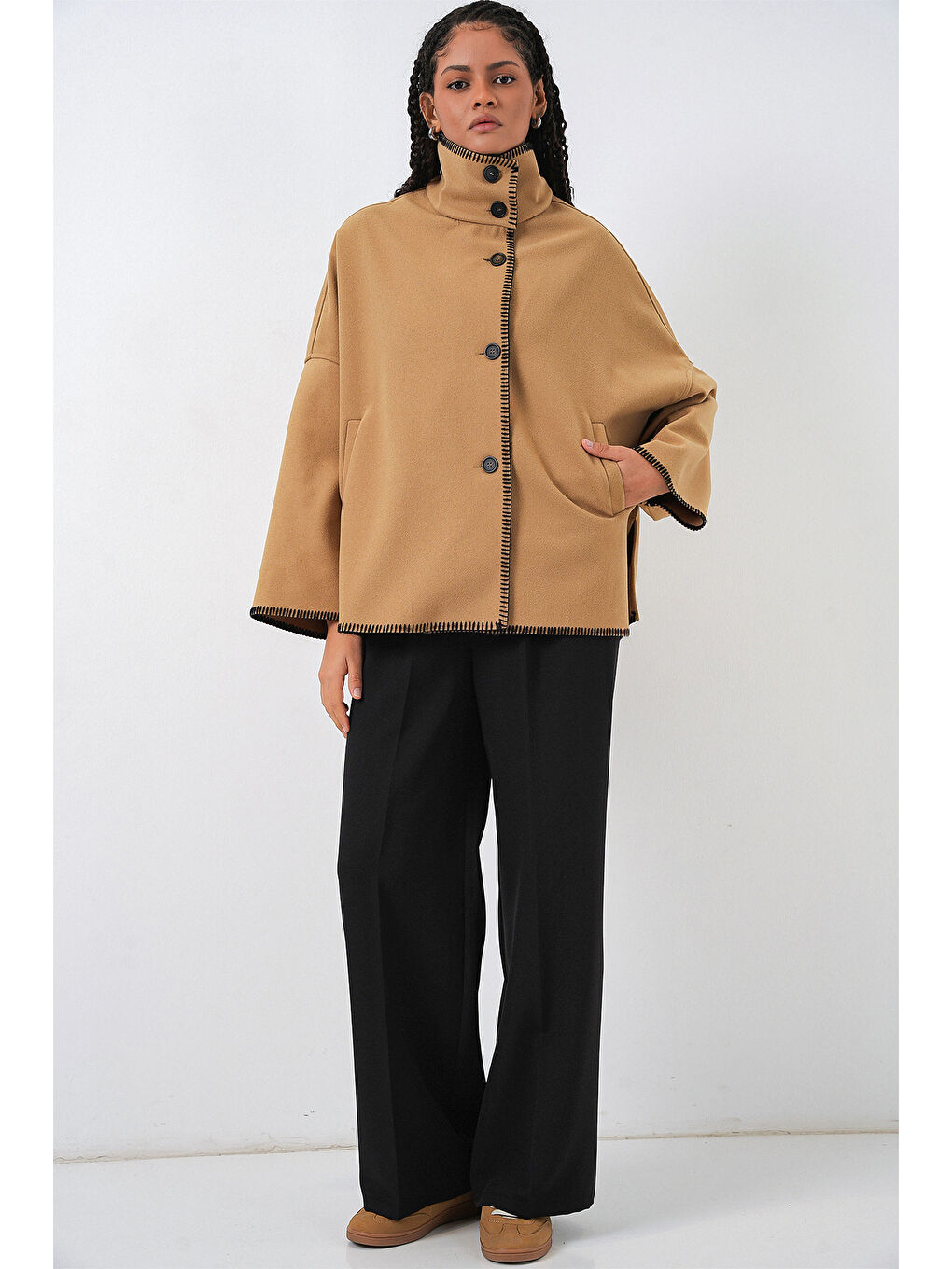 Sarı Kadın Nakışlı Kaşe Ceket 9167 - Hardal-1