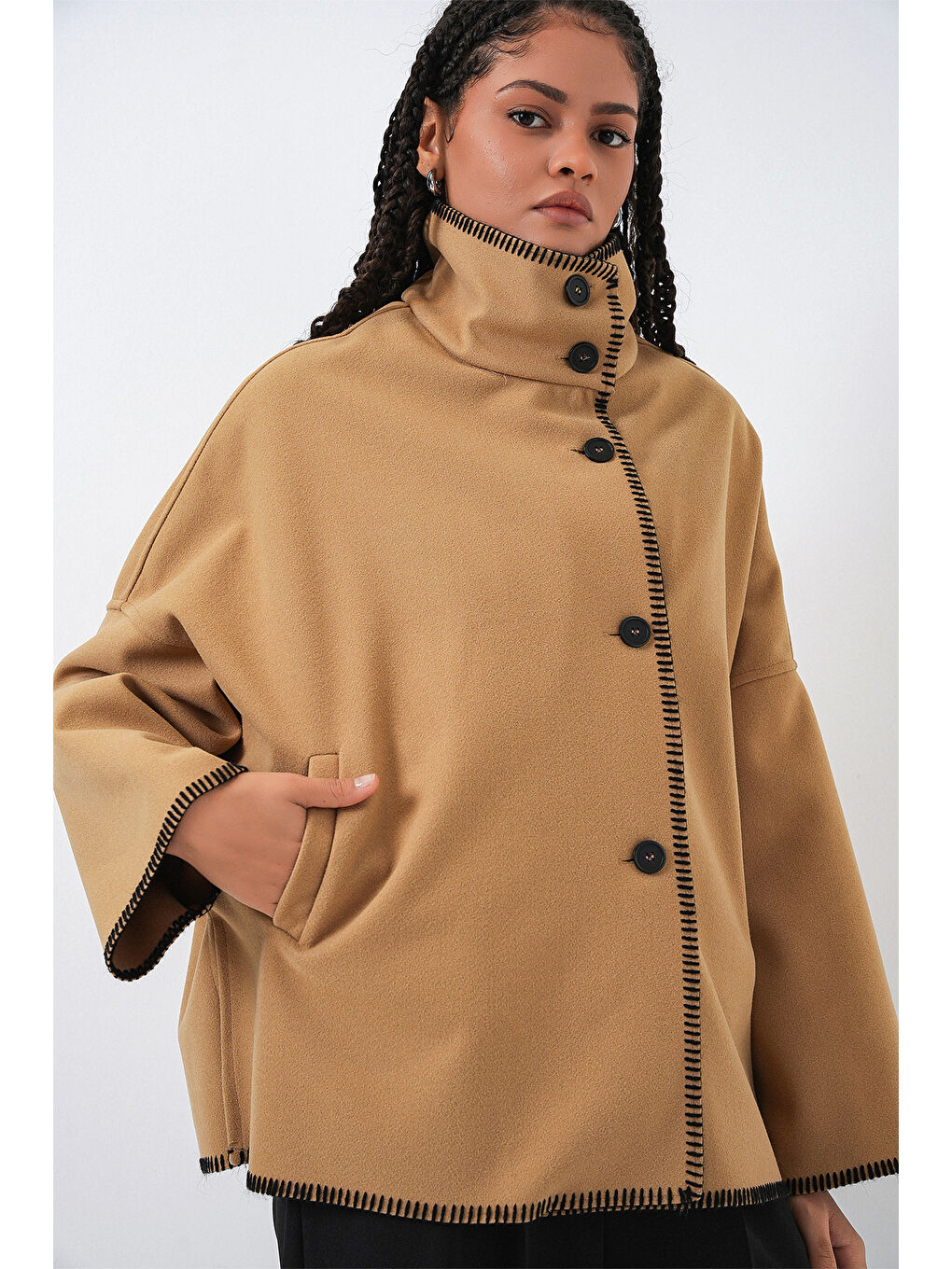 Sarı Kadın Nakışlı Kaşe Ceket 9167 - Hardal-2