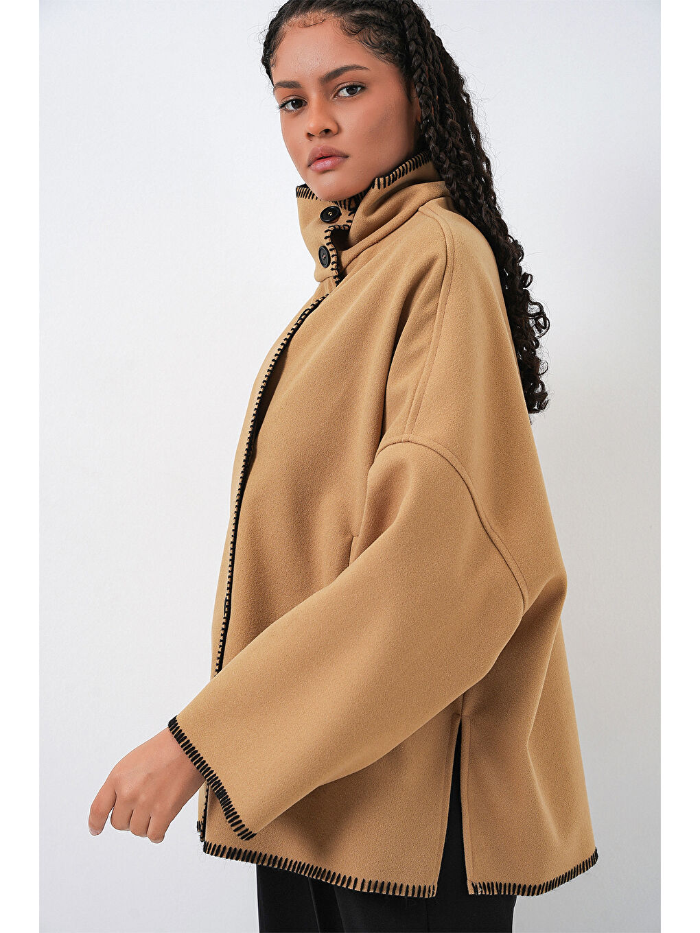 Sarı Kadın Nakışlı Kaşe Ceket 9167 - Hardal-3