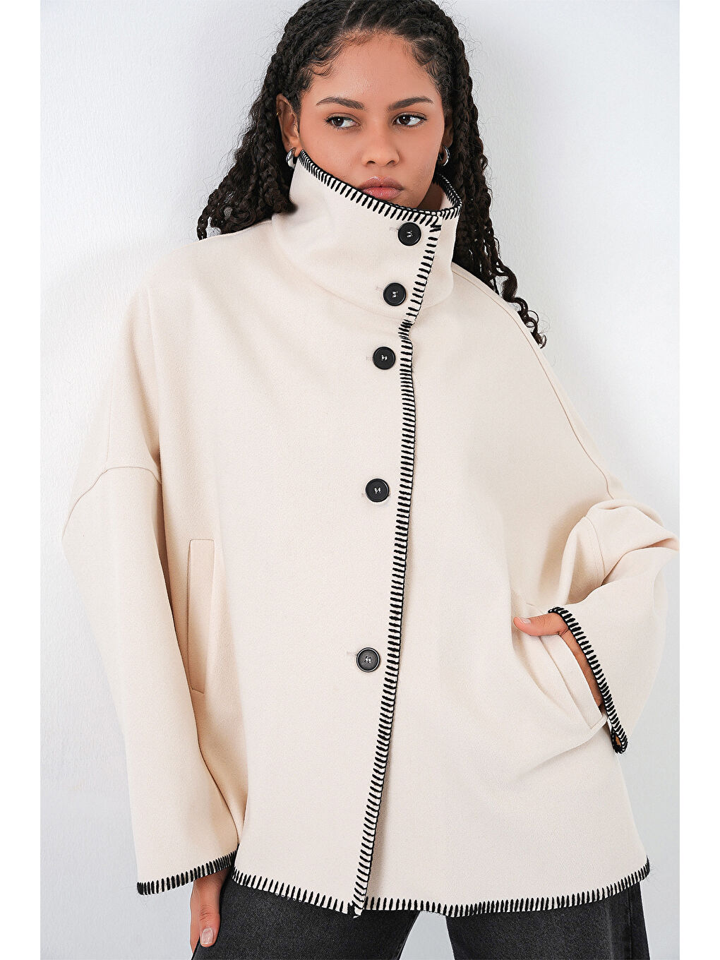 Kadın Nakışlı Kaşe Ceket 9167 - Ekru-2