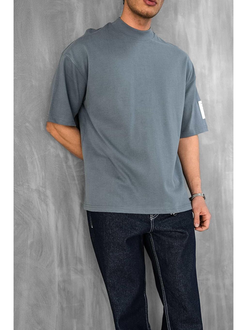 Gri Erkek Oversize Fitilli Bisiklet Yaka Tişört Füme-2