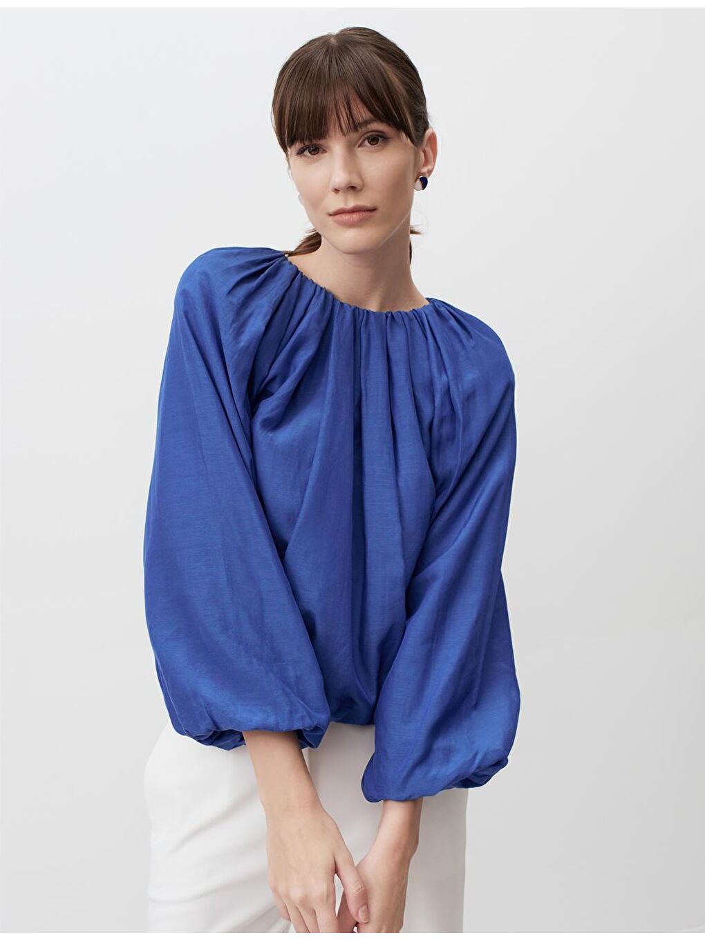 Mavi Kobalt Bol Kesim Uzun Kollu Sıfır Yaka Bluz-1
