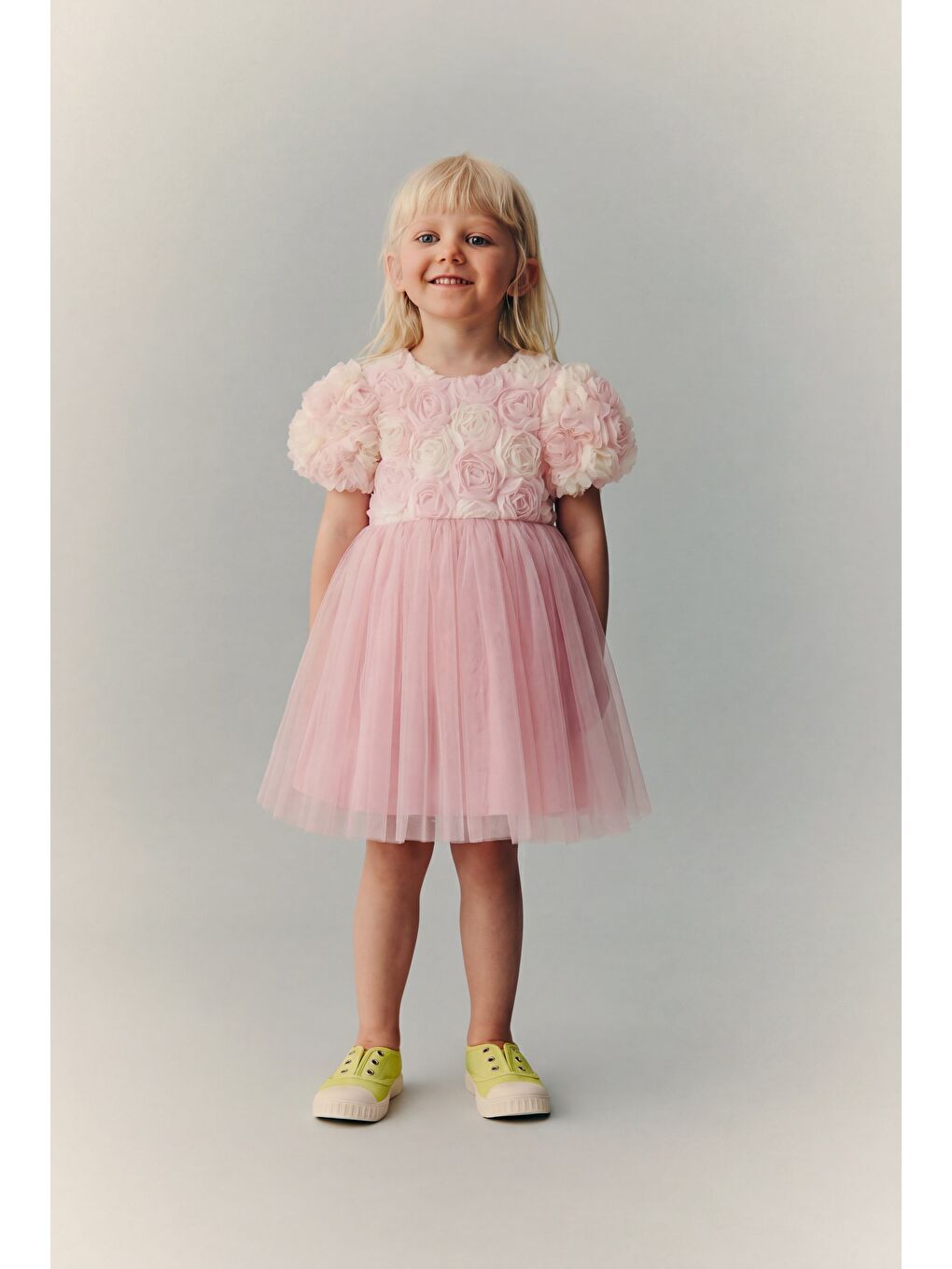 Kız Çocuk Pamuklu Pembe Gül Aplikeli Tütü Elbise