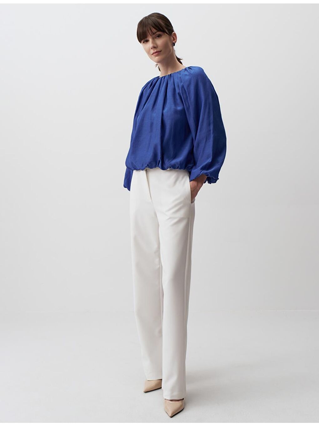 Mavi Kobalt Bol Kesim Uzun Kollu Sıfır Yaka Bluz-2