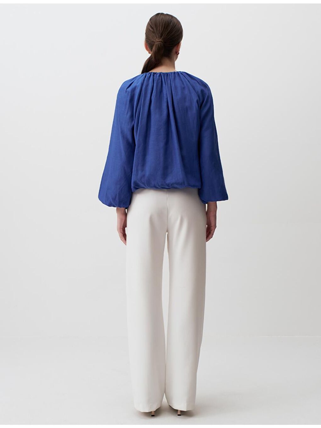 Mavi Kobalt Bol Kesim Uzun Kollu Sıfır Yaka Bluz-3