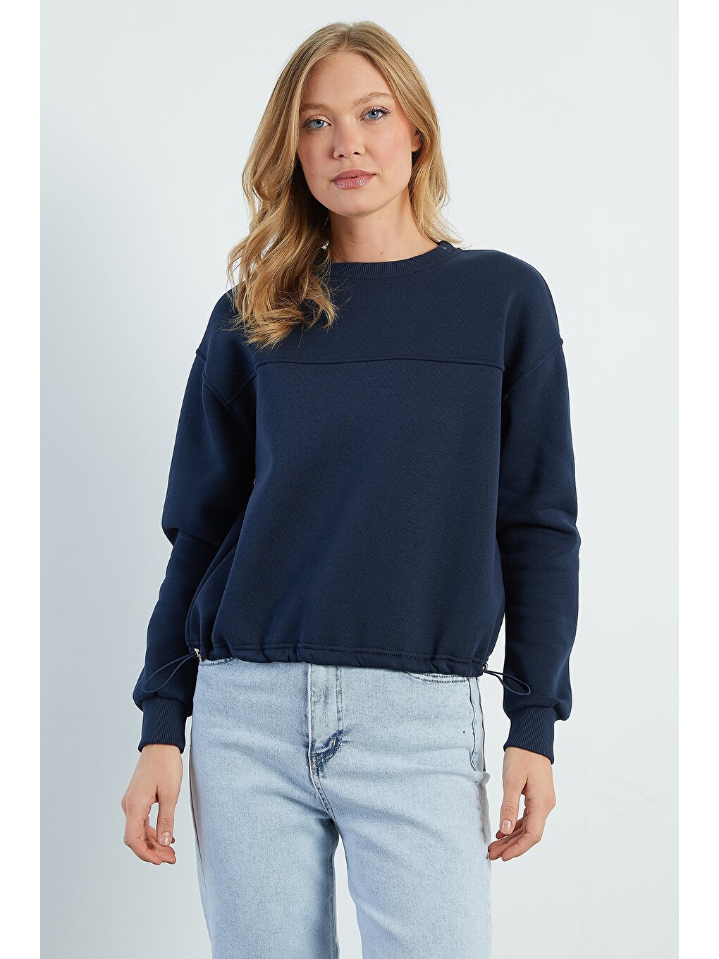 Lacivert 3 İplik Stoperli Oversize Sweatshirt-4