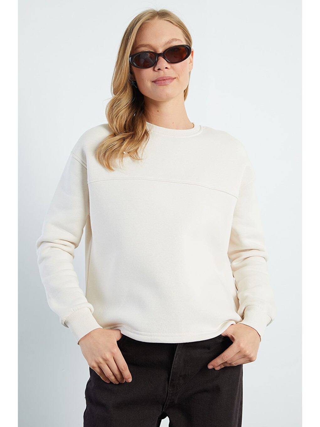 Bej 3 İplik Stoperli Oversize Sweatshirt