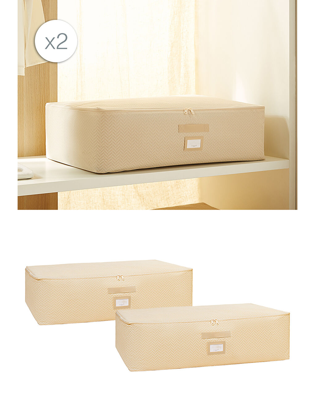 2'li Mega Boy Bej Balıksırtı Baza Altı Hurç Set 74 x 46 x 22 cm